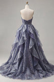 Starry Night Dusty Blue Strapless Long Prom Dress with Ruched Bodice and Cascading Ruffles