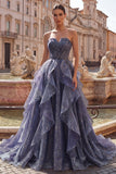 Starry Night Dusty Blue Strapless Long Prom Dress with Ruched Bodice and Cascading Ruffles