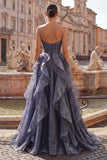 Starry Night Dusty Blue Strapless Long Prom Dress with Ruched Bodice and Cascading Ruffles