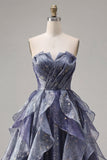 Starry Night Dusty Blue Strapless Long Prom Dress with Ruched Bodice and Cascading Ruffles