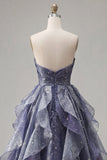 Starry Night Dusty Blue Strapless Long Prom Dress with Ruched Bodice and Cascading Ruffles