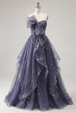 Starry Night Dusty Blue Strapless Bowed Long Prom Dress with Cascading Ruffles