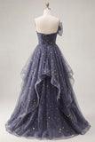 Starry Night Dusty Blue Strapless Bowed Long Prom Dress with Cascading Ruffles