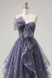 Starry Night Dusty Blue Strapless Bowed Long Prom Dress with Cascading Ruffles