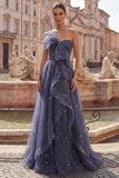 Starry Night Dusty Blue Strapless Bowed Long Prom Dress with Cascading Ruffles