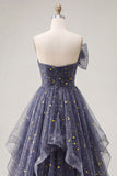 Starry Night Dusty Blue Strapless Bowed Long Prom Dress with Cascading Ruffles