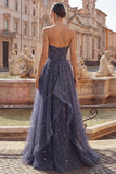 Starry Night Dusty Blue Strapless Bowed Long Prom Dress with Cascading Ruffles