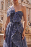Starry Night Dusty Blue Strapless Bowed Long Prom Dress with Cascading Ruffles