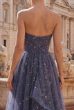Starry Night Dusty Blue Strapless Bowed Long Prom Dress with Cascading Ruffles