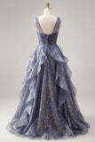 Elegant V-Neck Tulle Starry Sky Dusty Blue Prom Dress with Tiered Ruffles