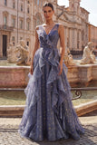 Elegant V-Neck Tulle Starry Sky Dusty Blue Prom Dress with Tiered Ruffles