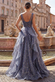 Elegant V-Neck Tulle Starry Sky Dusty Blue Prom Dress with Tiered Ruffles
