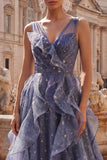 Elegant V-Neck Tulle Starry Sky Dusty Blue Prom Dress with Tiered Ruffles