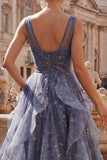 Elegant V-Neck Tulle Starry Sky Dusty Blue Prom Dress with Tiered Ruffles