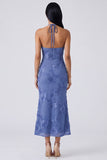 Sage Halter Neck Mermaid Midi Dress with Floral Embroidery