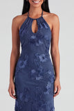 Sage Halter Neck Mermaid Midi Dress with Floral Embroidery