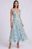 Blue Floral V Neck A Line Maxi Dress
