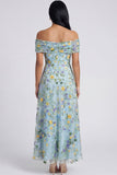 Blue Floral Off The Shoulder A Line Maxi Dress