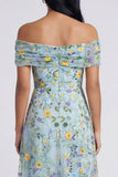Blue Floral Off The Shoulder A Line Maxi Dress