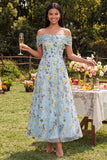 Blue Floral Off The Shoulder A Line Maxi Dress