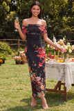 Ivory Floral Off the Shoulder Sheath Maxi Dress