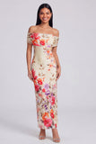 Ivory Floral Off the Shoulder Sheath Maxi Dress