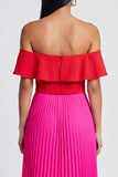 Off the Shoulder A-Line Fuchsia and Red Pleated Maxi Dress with Ruffles