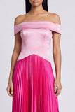 A-Line Satin Pink and Fuchsia Off the Shoulder Pleated Maxi Dress