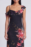 Black Tulle Asymmetrical Sheath Printed Maxi Floral Dress