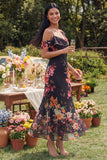 Black Tulle Asymmetrical Sheath Printed Maxi Floral Dress