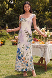 Black Tulle Asymmetrical Sheath Printed Maxi Floral Dress