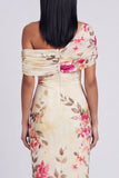 Black Tulle One Shoulder Bodycon Printed Floral Maxi Dress