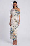Black Tulle One Shoulder Bodycon Printed Floral Maxi Dress