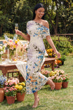 Black Tulle One Shoulder Bodycon Printed Floral Maxi Dress