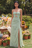 Strapless Cut Out Dusty Sage Floral Maxi Dress with Slit