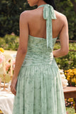 Halter Dusty Sage Floral A Line Maxi Dress