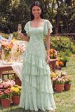 Dusty Sage Floral Square Neck Flutter Sleeve A Line Ruffled Maxi Dress