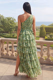 One Shoulder Dusty Green Floral A Line Tiered Maxi Dress
