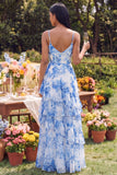 White Blue Floral Spaghetti Straps A Line Ruffled Maxi Dress