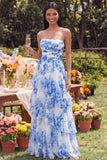 White Blue Floral Strapless A Line Ruffled Maxi Dress