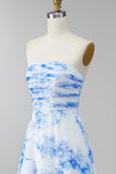 White Blue Floral Strapless A Line Ruffled Maxi Dress