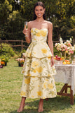 Strapless Yellow Floral A Line Tiered Midi Dress