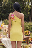 Yellow One Shoulder Bodycon Embroidered Floral Mini Dress