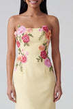 Light Yellow Strapless Sheath Long Floral Dress