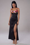 Black Square Neck Ruched Satin Sheath Long Floral Dress with Slit