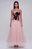 A-Line Black and Pink Strapless Tulle Long Floral Dress