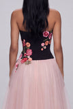 A-Line Black and Pink Strapless Tulle Long Floral Dress