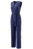 Navy V-Neck Sleeveless Formal Jumpsuit with Belt