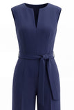 Navy V-Neck Sleeveless Formal Jumpsuit with Belt