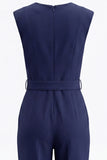 Navy V-Neck Sleeveless Formal Jumpsuit with Belt